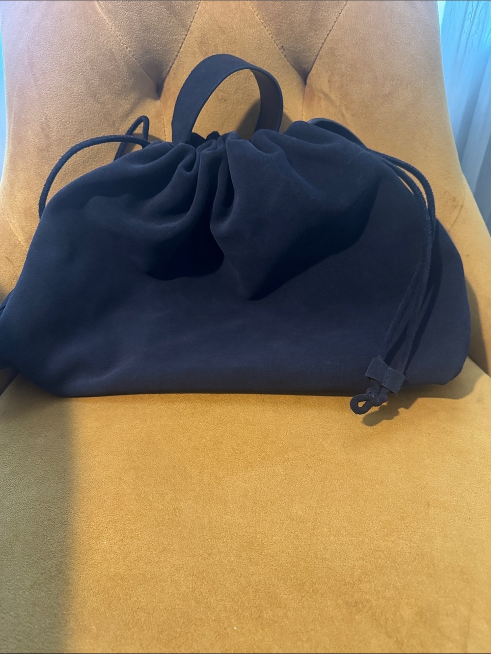 Drawstring Suede Shoulder Bag in Navy